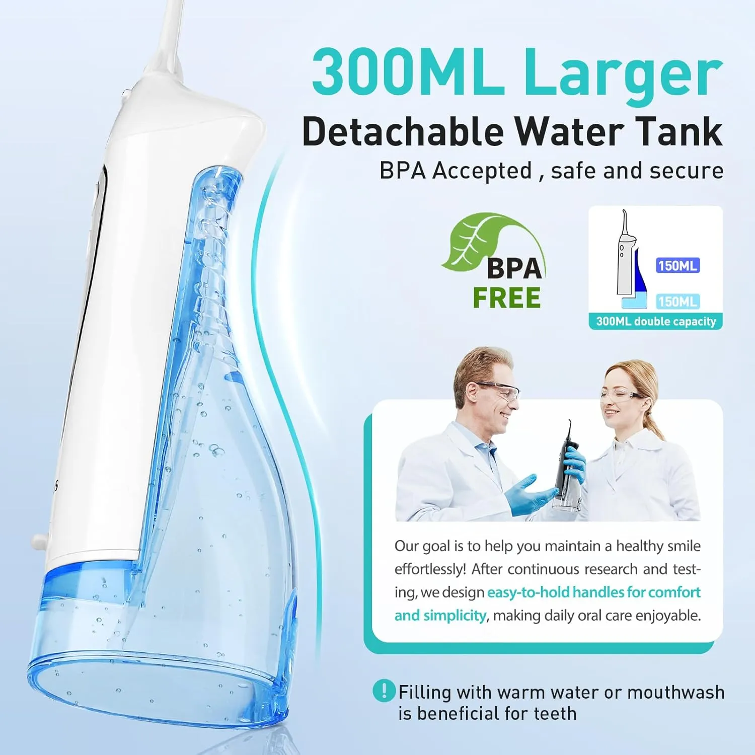 COSLUS Water Dental Flosser Teeth Pick: Portable Cordless Oral Irrigator 300ML Rechargeable Travel Irrigation Cleaner IPX7 Waterproof Electric Flossing Machine for Teeth Cleaning C20(F5020E) White