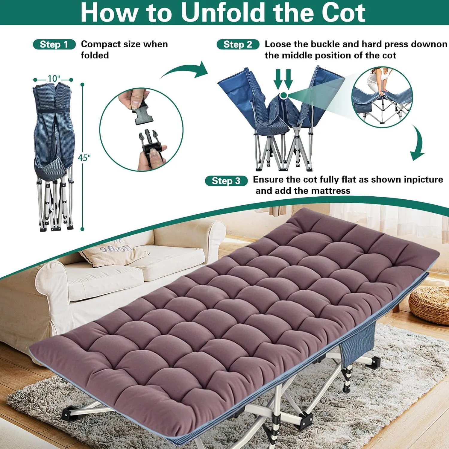 Cot 2 Pack Extra Large 32" Wide Camping Cot with Mattress Comfortable Sleeping cots for Adults with Carry Bag XXL Cots for Camping Bed Folding Cot Heavy Duty for Home Outdoor Indoor