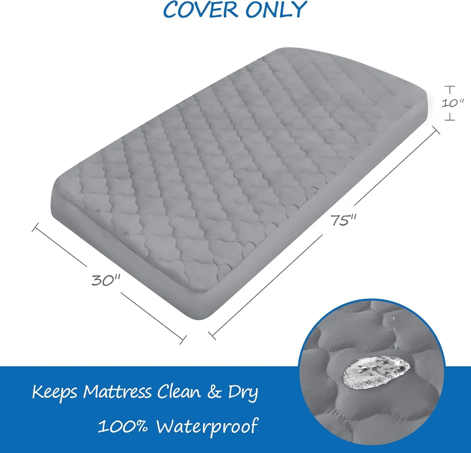 Cot Mattress Pad Protector Waterproof, Quilted Cot Size Mattress Cover 30" X 75" X 10" Fitted for Narrow Twin/Camp Bunk/Rvs Bunk/Guest Beds, Deep Pocket Mattress Topper, Gray (Cover Only)