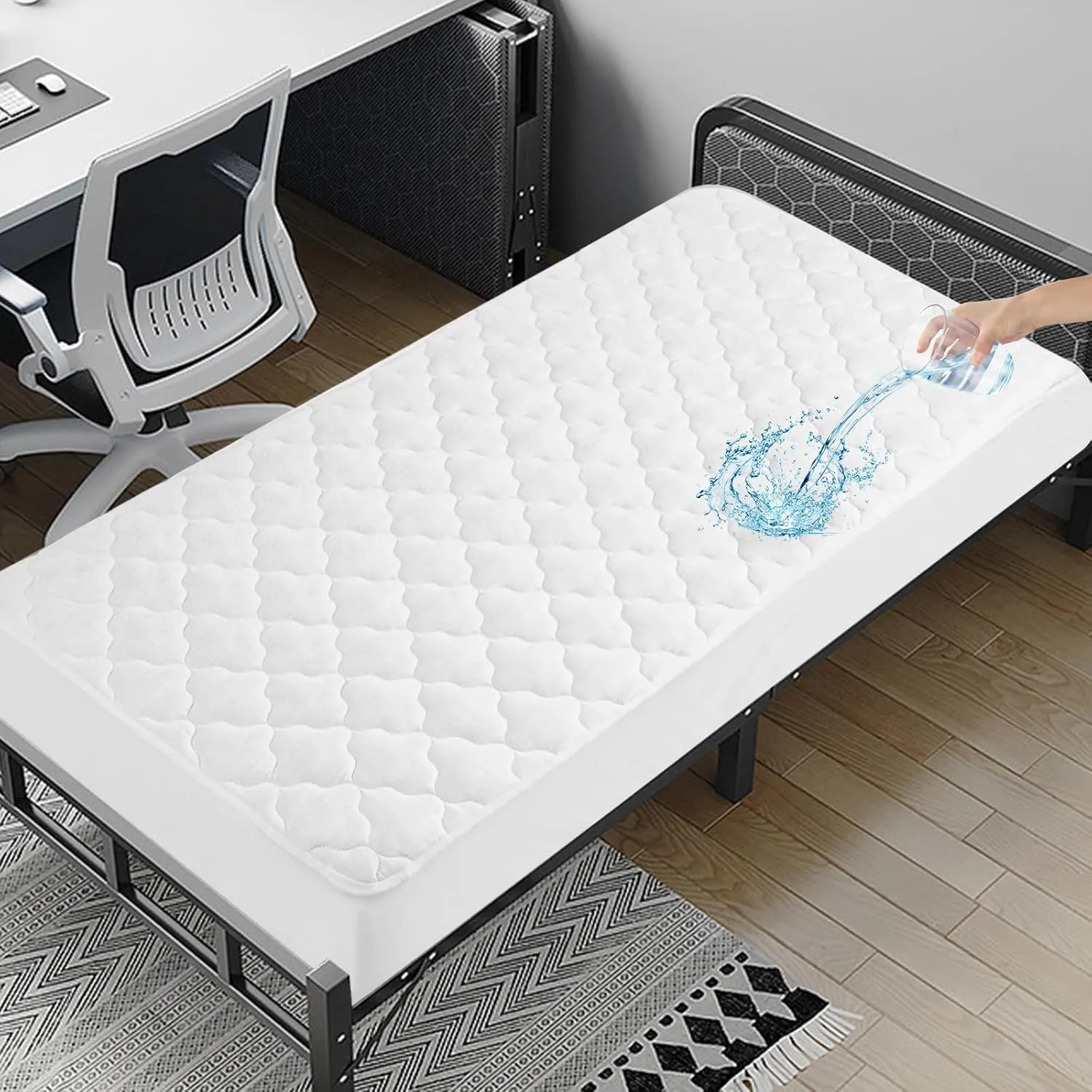 Cot Mattress Protector Pad Waterproof Quilted, Breathable & Cooling Cot Mattresses Cover Fitted for Daybed/Rollaway/Narrow Twin Bed/Camping/RV Bunk with Deep Pocket Up to 10", (White)