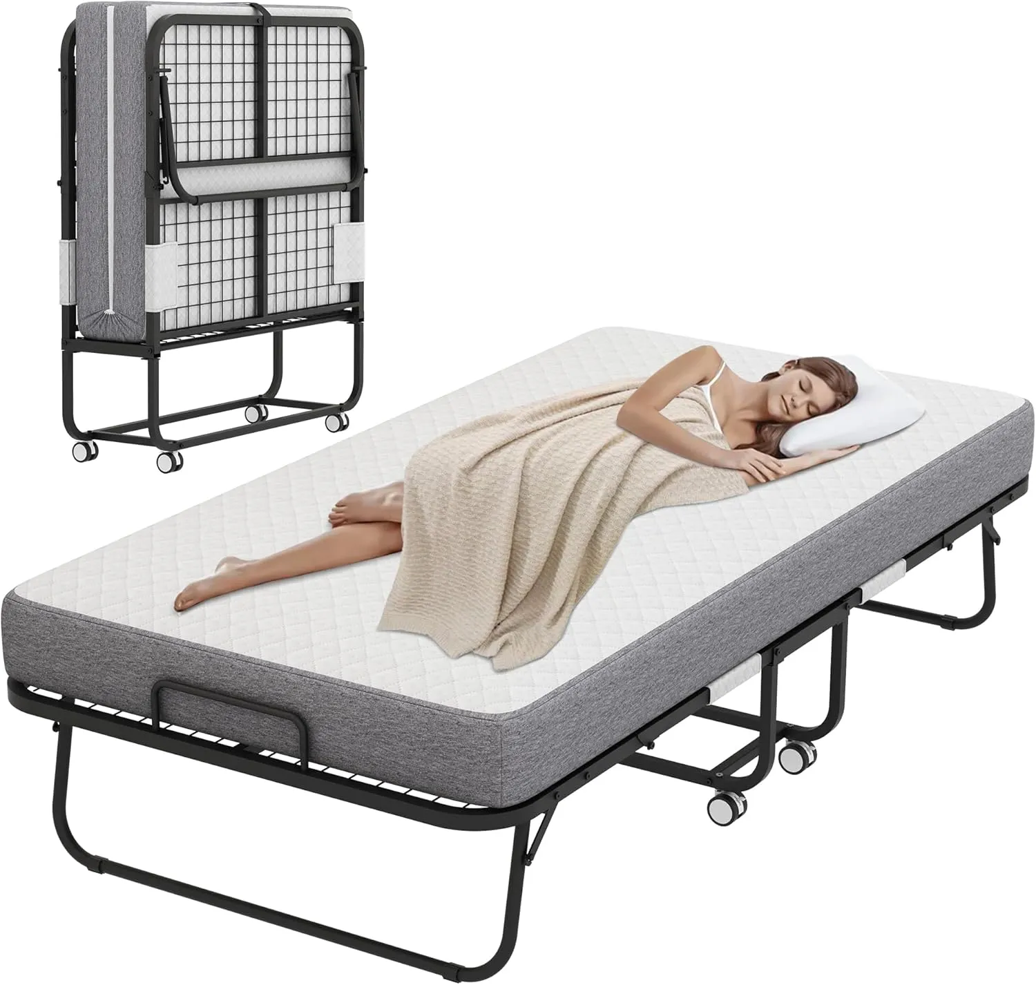Cot Size Folding Bed with Mattress for Adult - 75''x31'' Portable Foldable Rollaway Bed for Guest, Space Saving and Easy Storage