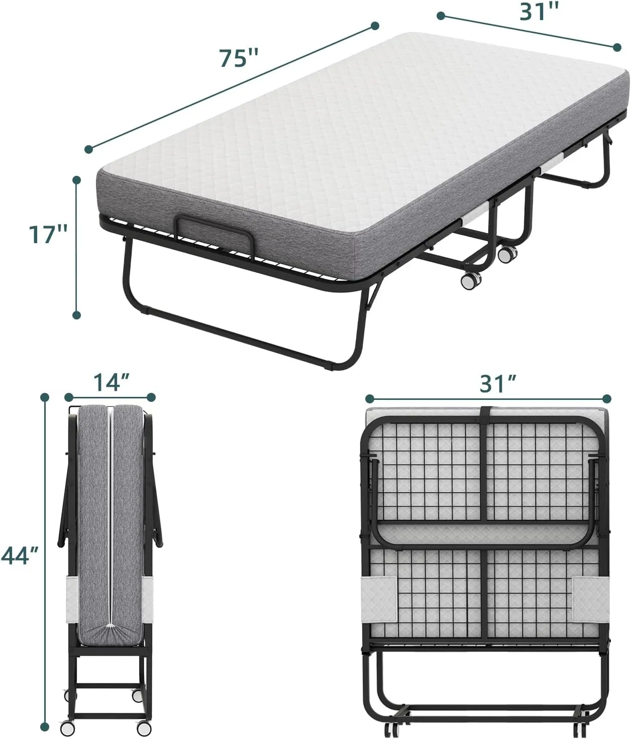 Cot Size Folding Bed with Mattress for Adult - 75''x31'' Portable Foldable Rollaway Bed for Guest, Space Saving and Easy Storage