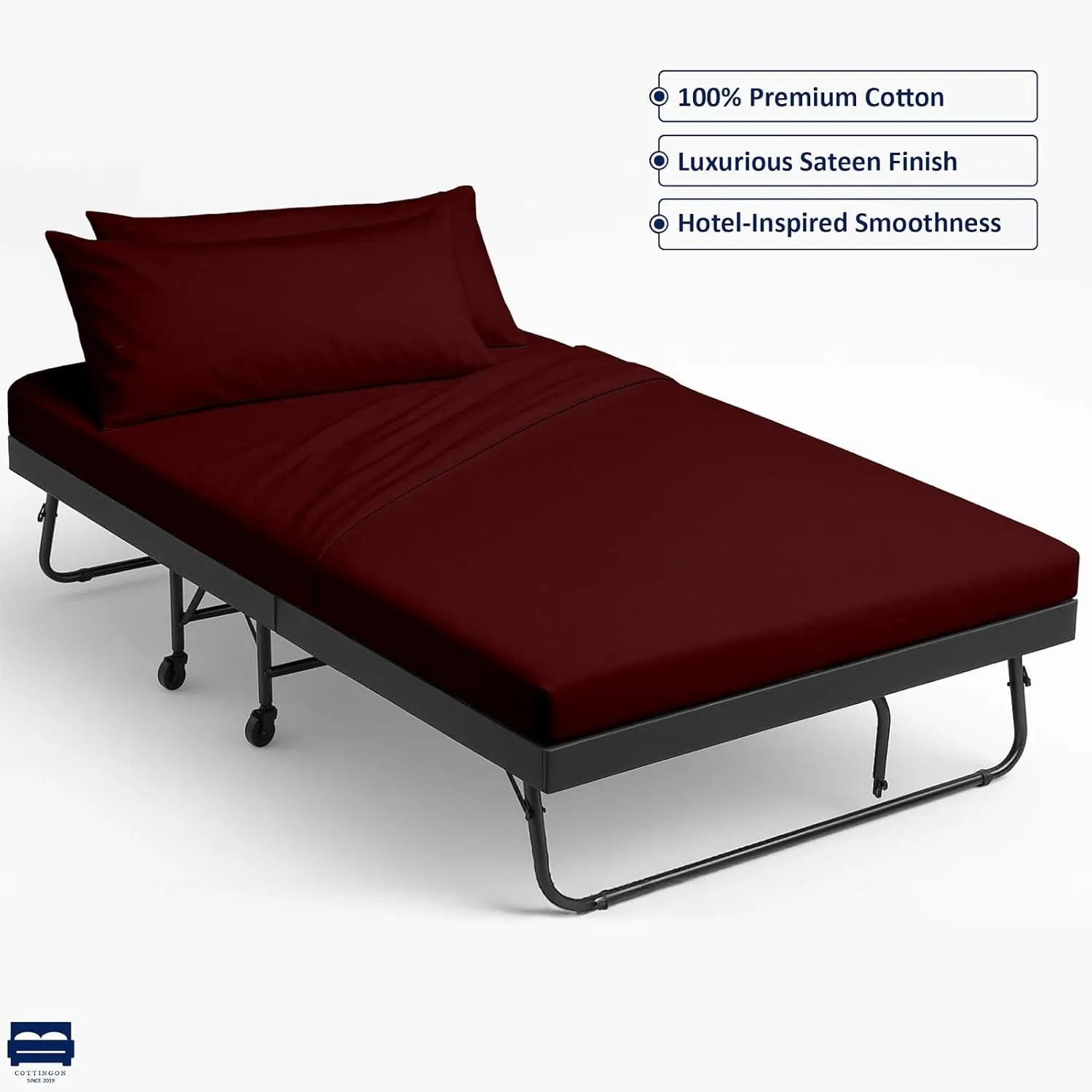 Cottingon 4 Pc Cot Sheets 28"x75" Set, 100% Egyptian Cotton, Perfect for Rollaway Beds, Narrow Twin, Camping, Cot Size, Rv Bunk, Guest Bed Replacement 7" Deep Mattress, Burgundy Solid