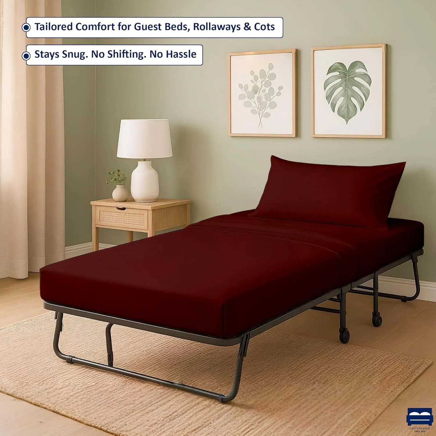 Cottingon 4 Pc Cot Sheets 28"x75" Set, 100% Egyptian Cotton, Perfect for Rollaway Beds, Narrow Twin, Camping, Cot Size, Rv Bunk, Guest Bed Replacement 7" Deep Mattress, Burgundy Solid