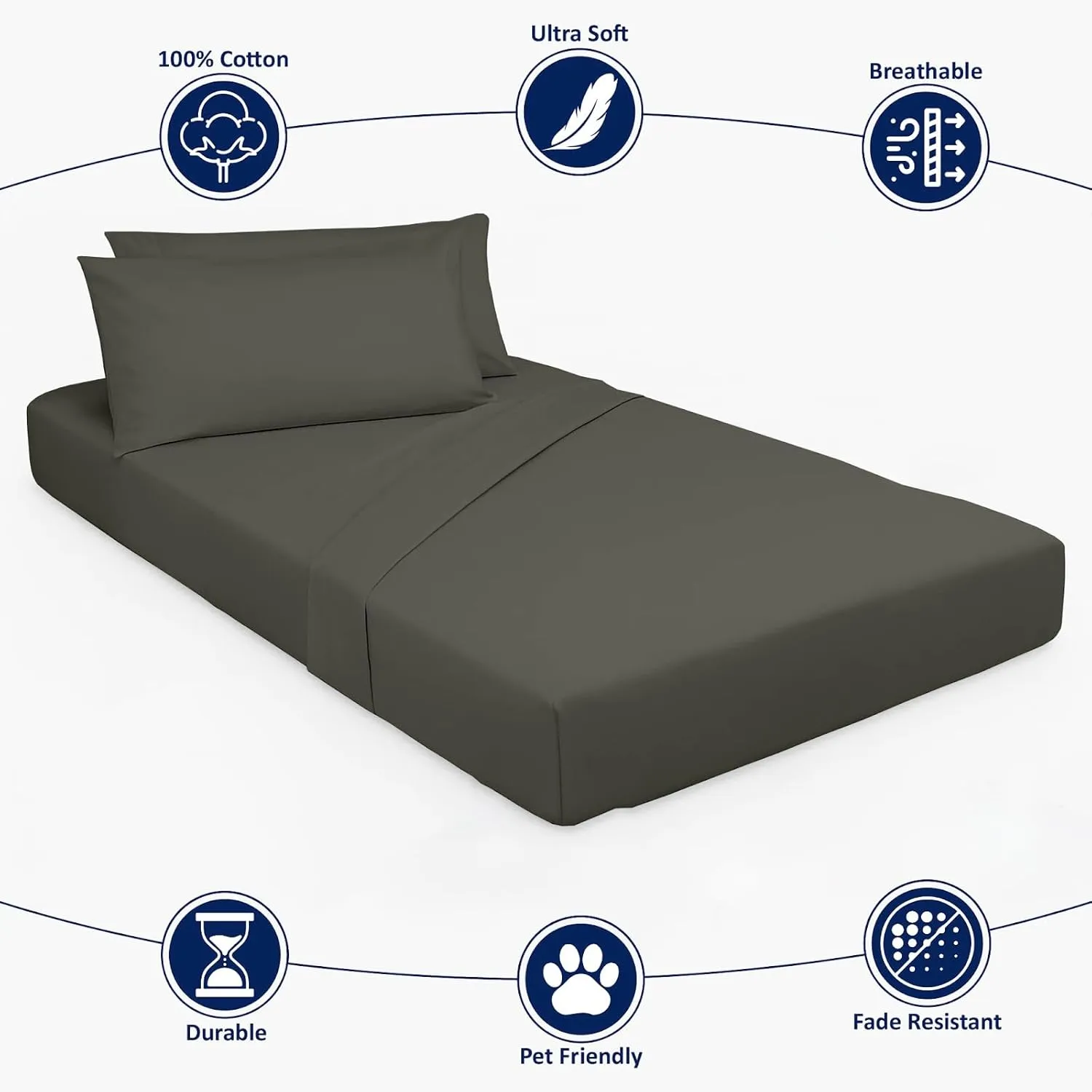Cottingon 4 Pc Cot Sheets 30"x75" Set, 100% Egyptian Cotton, Perfect for Rollaway Beds, Narrow Twin, Camping, Cot Size, Rv Bunk, Guest Bed Replacement 7" Deep Mattress, Dark Grey Solid