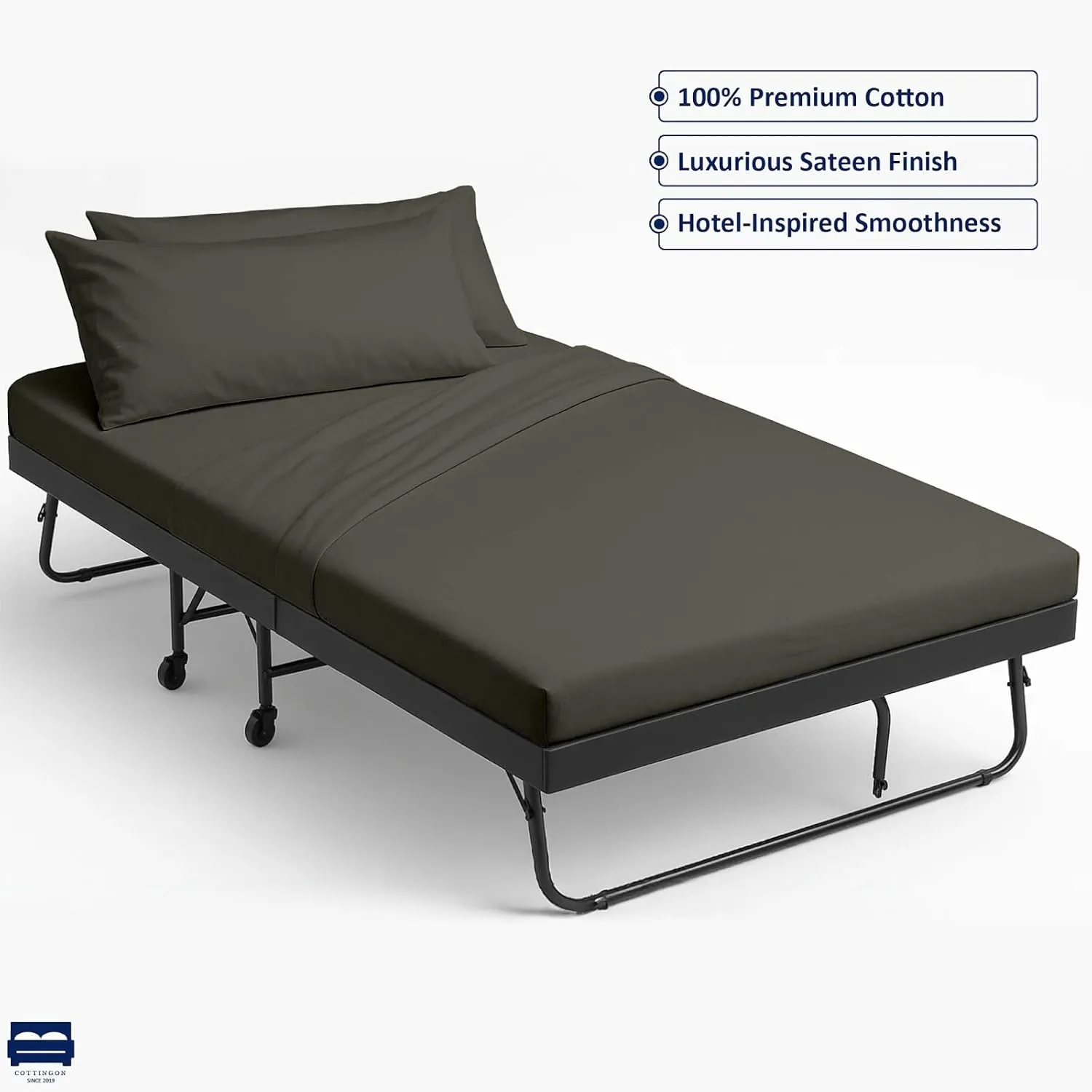 Cottingon 4 Pc Cot Sheets 30"x75" Set, 100% Egyptian Cotton, Perfect for Rollaway Beds, Narrow Twin, Camping, Cot Size, Rv Bunk, Guest Bed Replacement 7" Deep Mattress, Dark Grey Solid