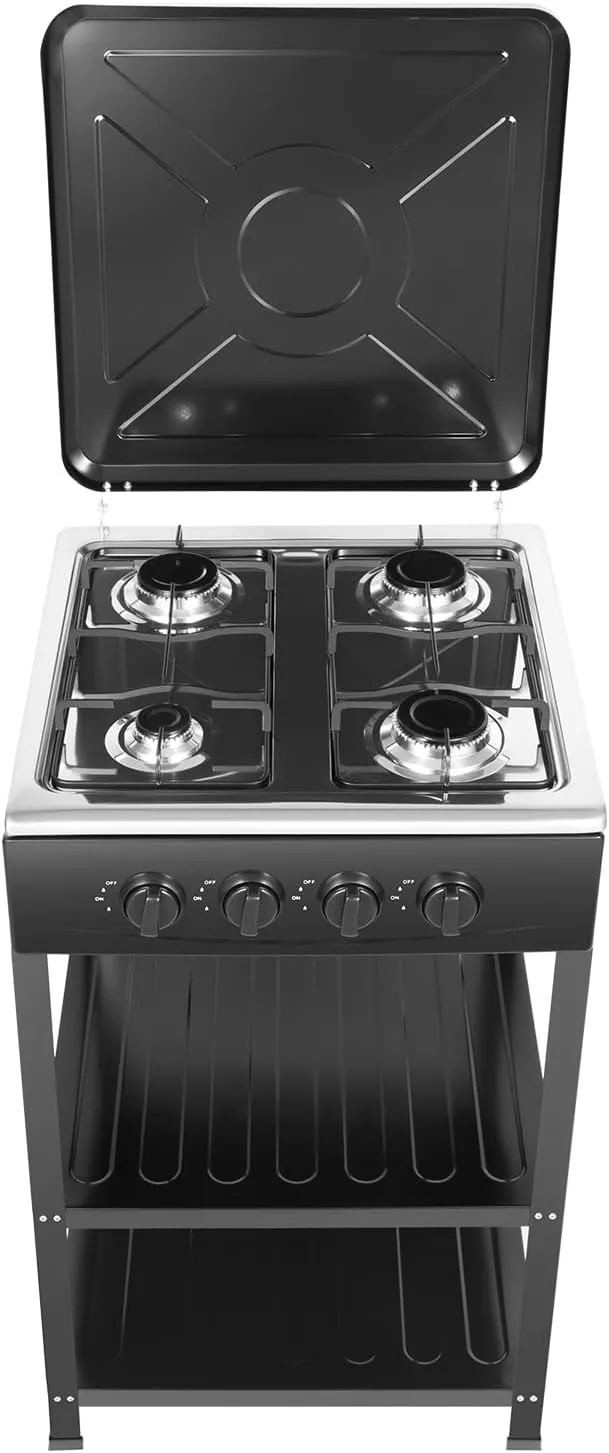 Countertop Natural Gas Stove 4 Burner, Commercial Kitchen Cooking Stove Set with Support Leg Stand,Wind Blocking Cover and Storage Shelves Restaurant Gas Stove for Patio, RV, Camping (Black)