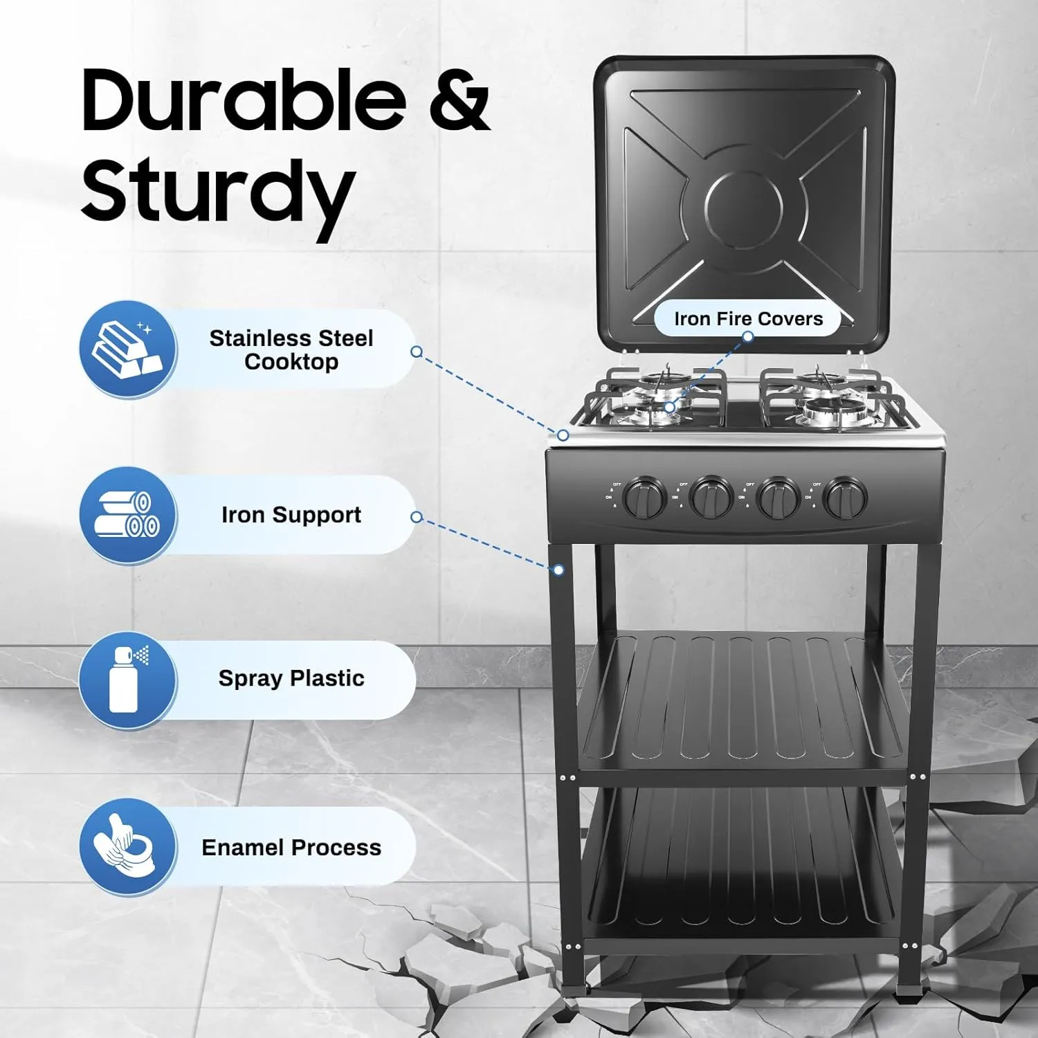 Countertop Natural Gas Stove 4 Burner, Commercial Kitchen Cooking Stove Set with Support Leg Stand,Wind Blocking Cover and Storage Shelves Restaurant Gas Stove for Patio, RV, Camping (Black)
