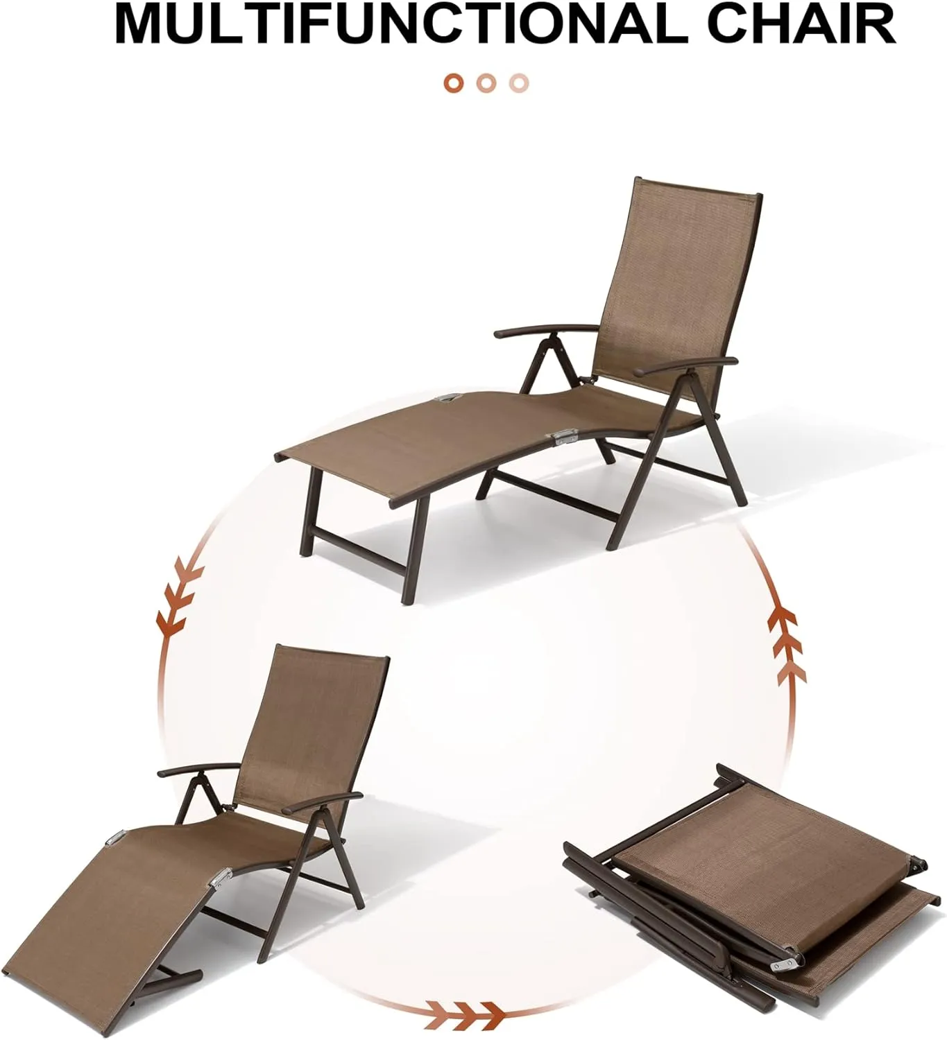 Crestlive Products 2PCS Chaise Lounge Chair Outdoor with 1PC Side Table, Aluminum Folding Patio Recliner Chair, Adjustable 8 Positions Assemble-Free