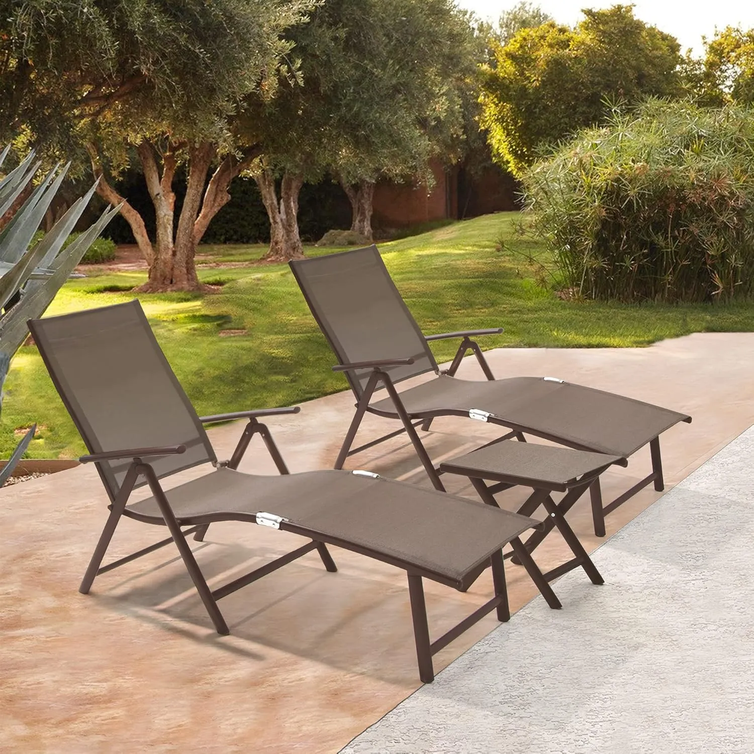 Crestlive Products 2PCS Chaise Lounge Chair Outdoor with 1PC Side Table, Aluminum Folding Patio Recliner Chair, Adjustable 8 Positions Assemble-Free
