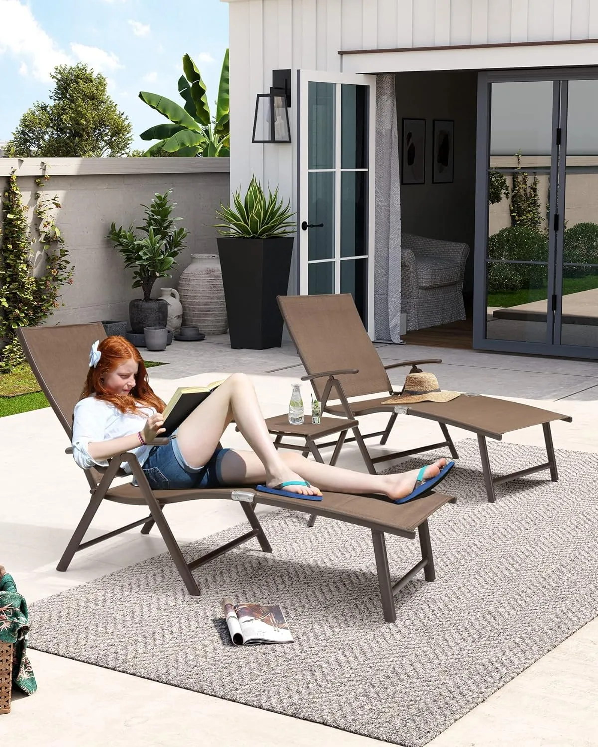 Crestlive Products 2PCS Chaise Lounge Chair Outdoor with 1PC Side Table, Aluminum Folding Patio Recliner Chair, Adjustable 8 Positions Assemble-Free