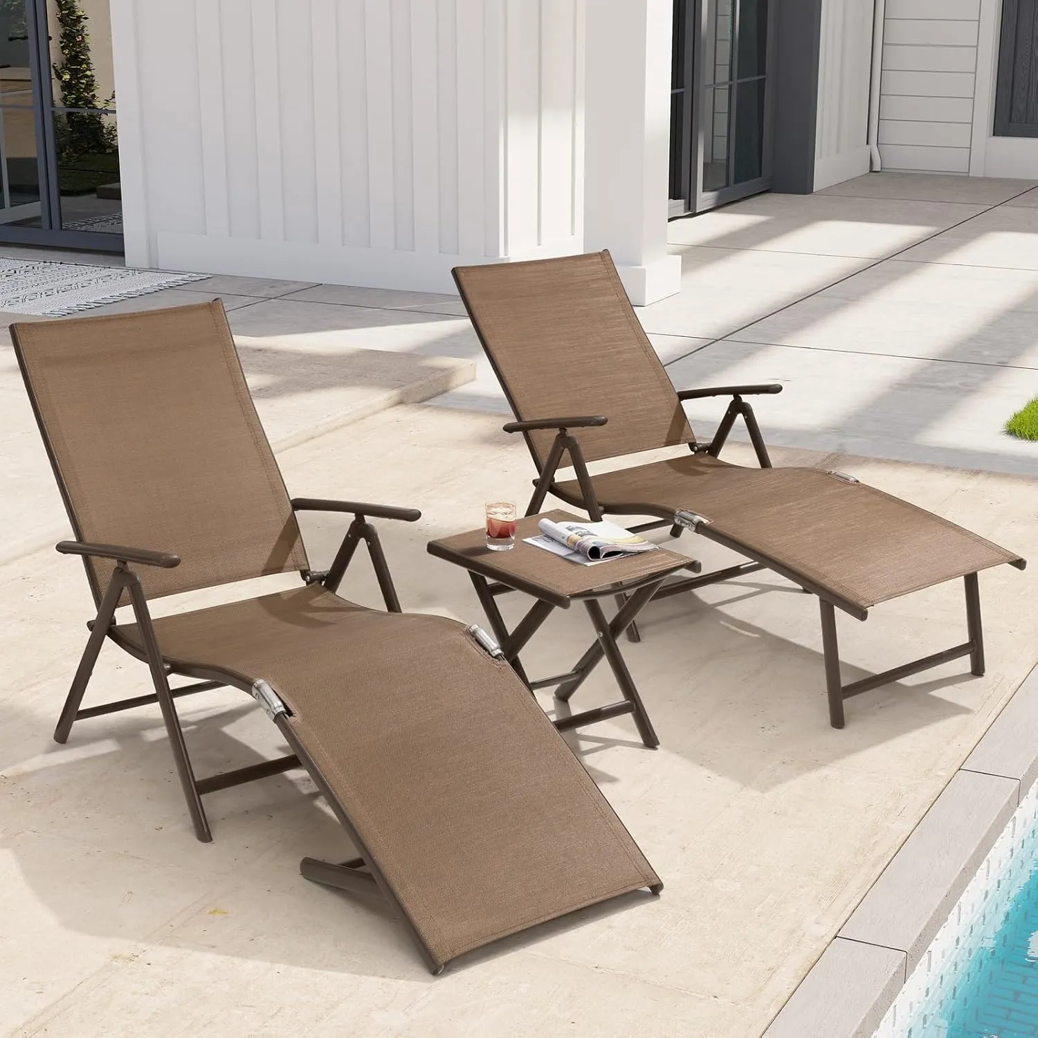Crestlive Products 2PCS Chaise Lounge Chair Outdoor with 1PC Side Table, Aluminum Folding Patio Recliner Chair, Adjustable 8 Positions Assemble-Free