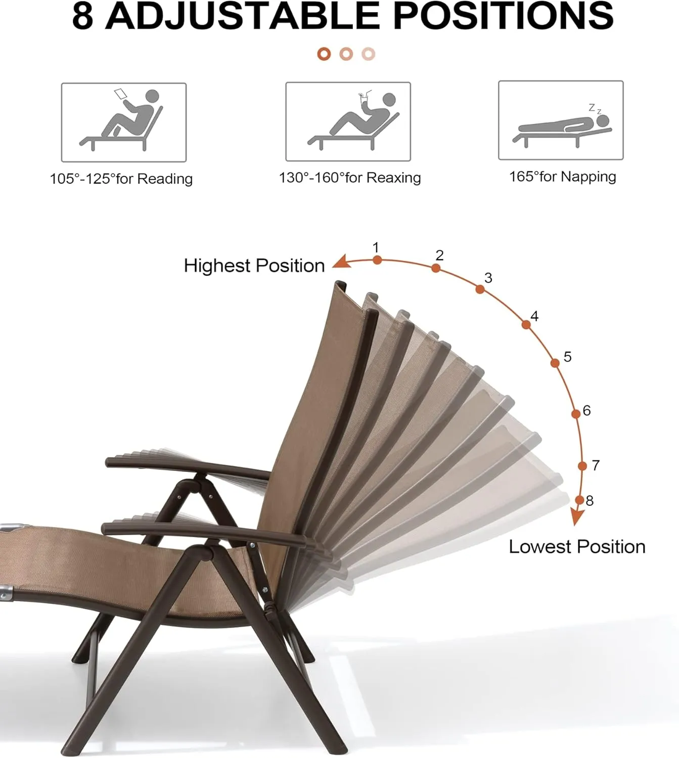 Crestlive Products 2PCS Chaise Lounge Chair Outdoor with 1PC Side Table, Aluminum Folding Patio Recliner Chair, Adjustable 8 Positions Assemble-Free