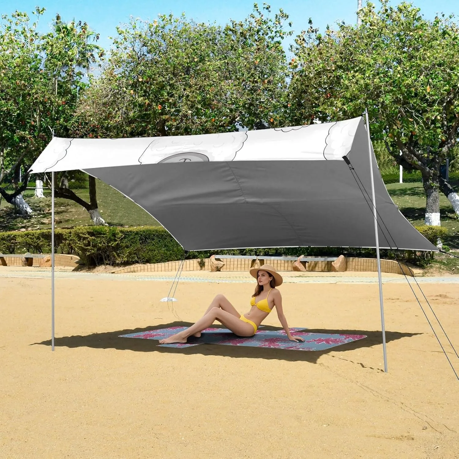 Cute Cartoon Sheep White Tent Beach Canopy Patio Sun Shade Outdoor for Adults Camping Sun Shelter Canopies with Sand Anchor Poles 9.2 × 10.5 FT