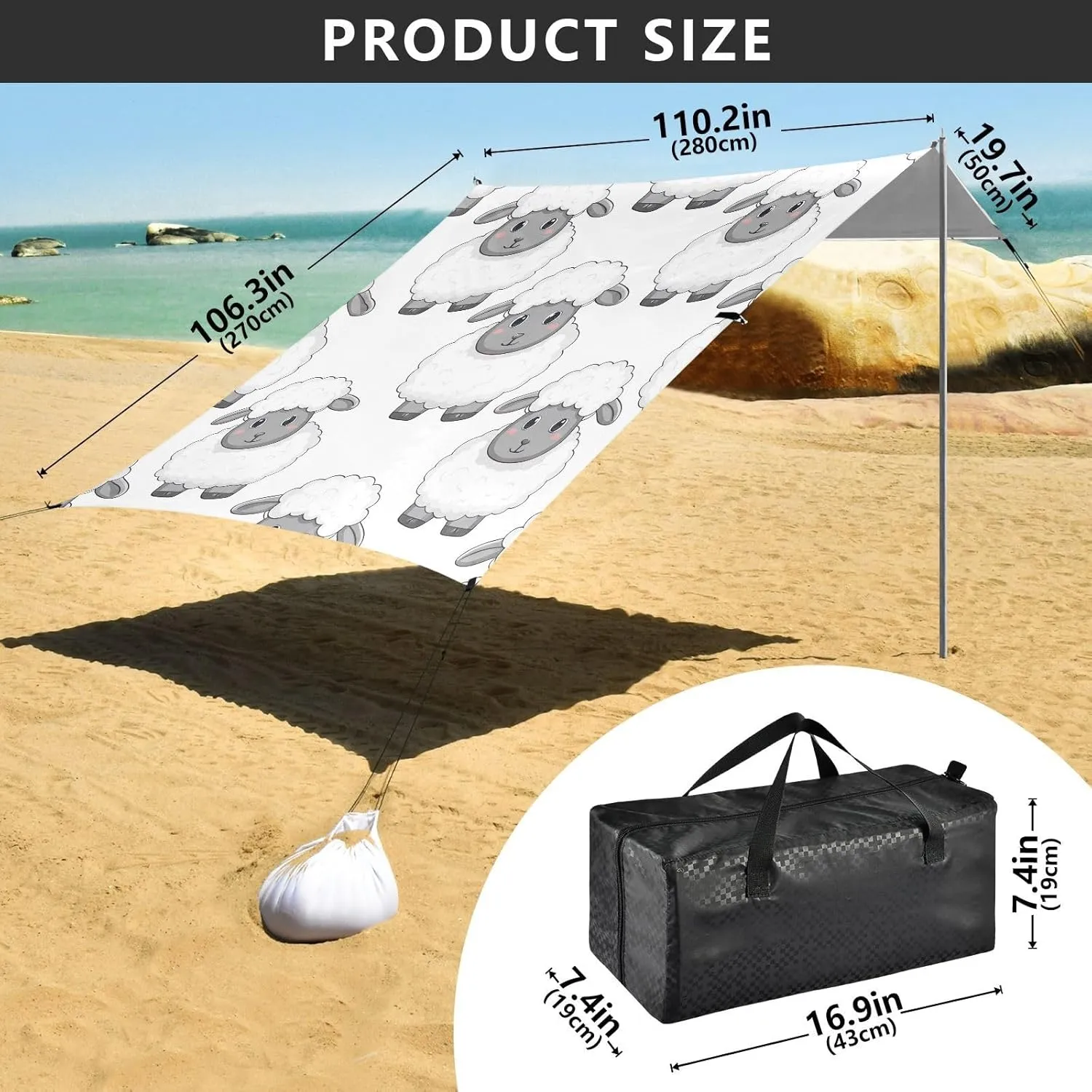 Cute Cartoon Sheep White Tent Beach Canopy Patio Sun Shade Outdoor for Adults Camping Sun Shelter Canopies with Sand Anchor Poles 9.2 × 10.5 FT