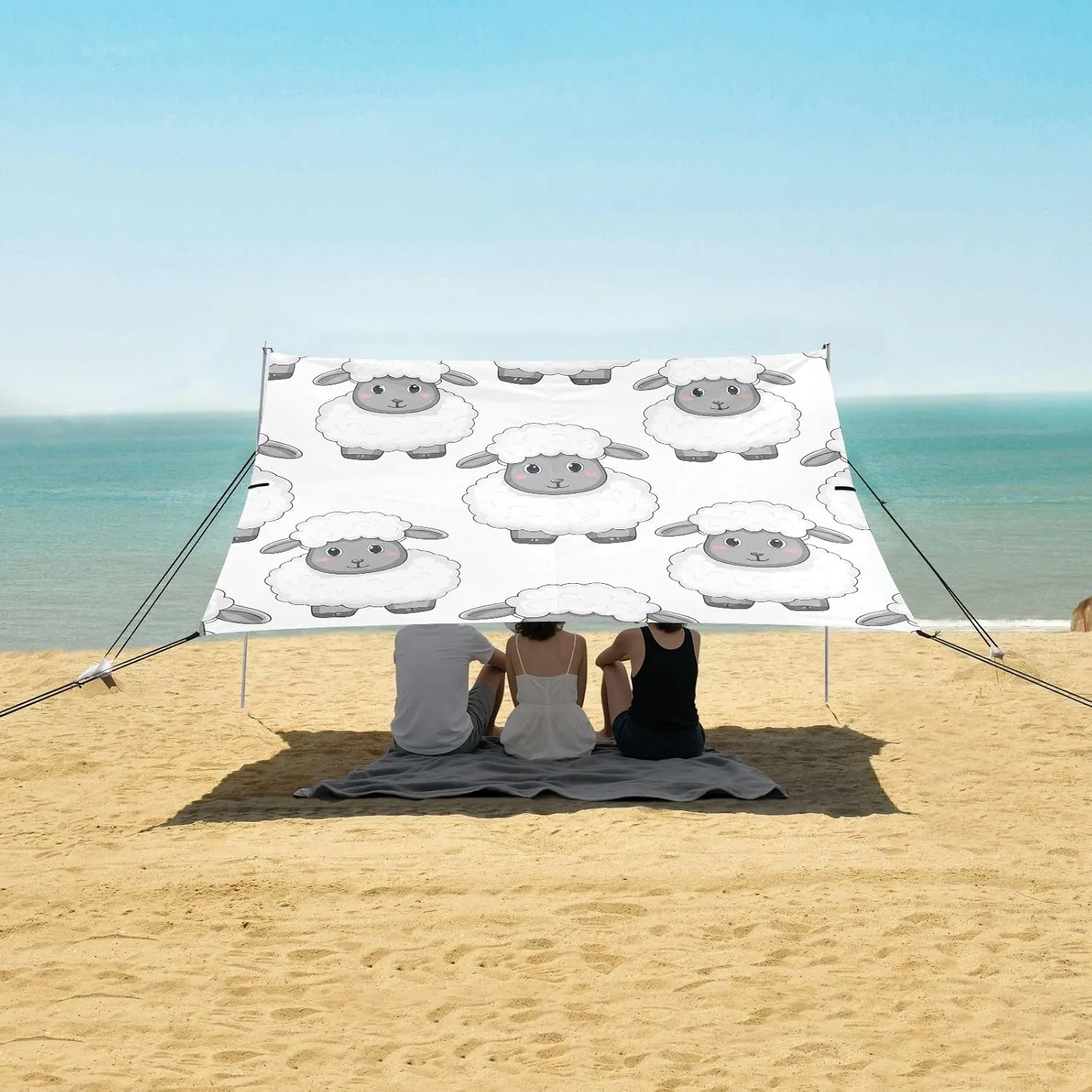 Cute Cartoon Sheep White Tent Beach Canopy Patio Sun Shade Outdoor for Adults Camping Sun Shelter Canopies with Sand Anchor Poles 9.2 × 10.5 FT