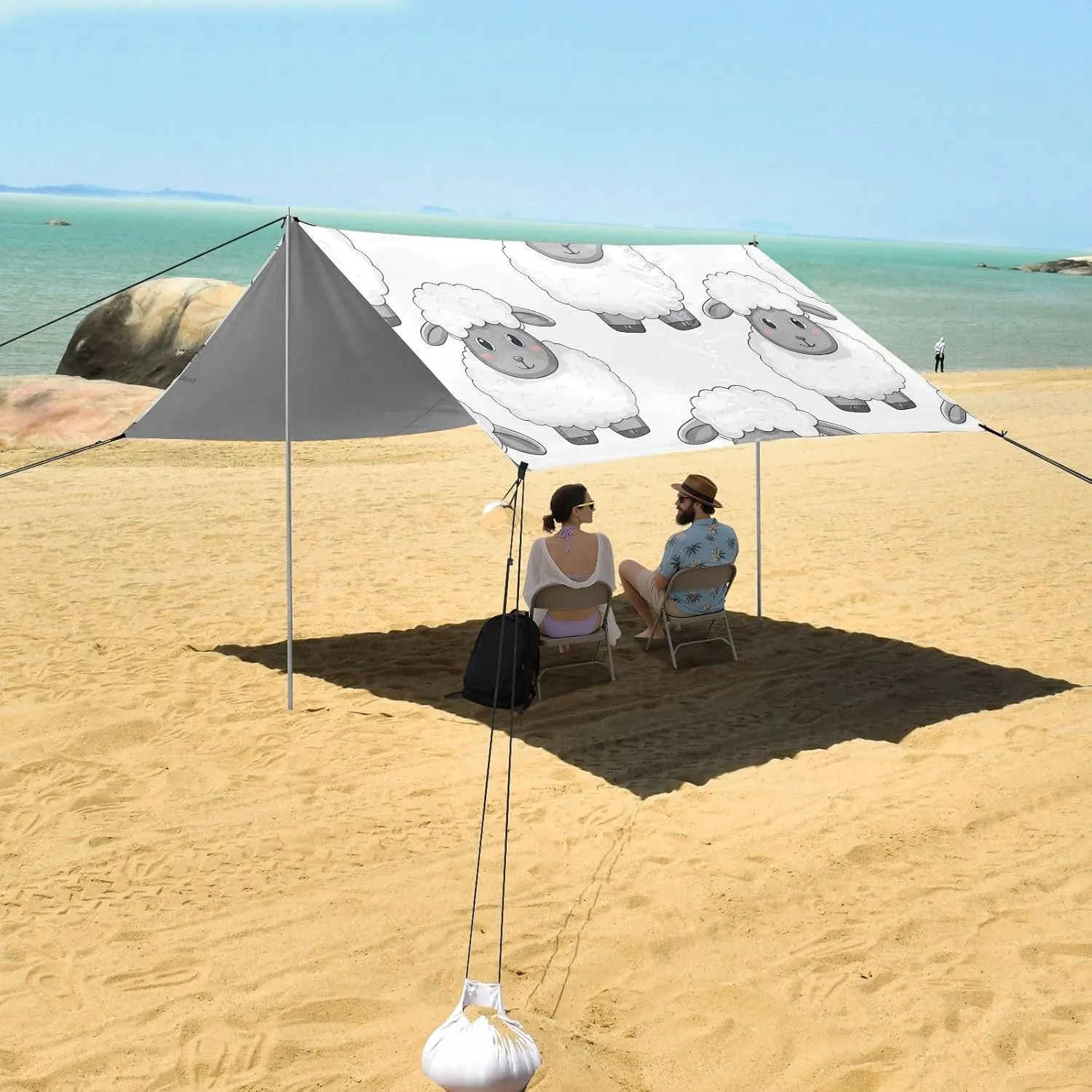Cute Cartoon Sheep White Tent Beach Canopy Patio Sun Shade Outdoor for Adults Camping Sun Shelter Canopies with Sand Anchor Poles 9.2 × 10.5 FT