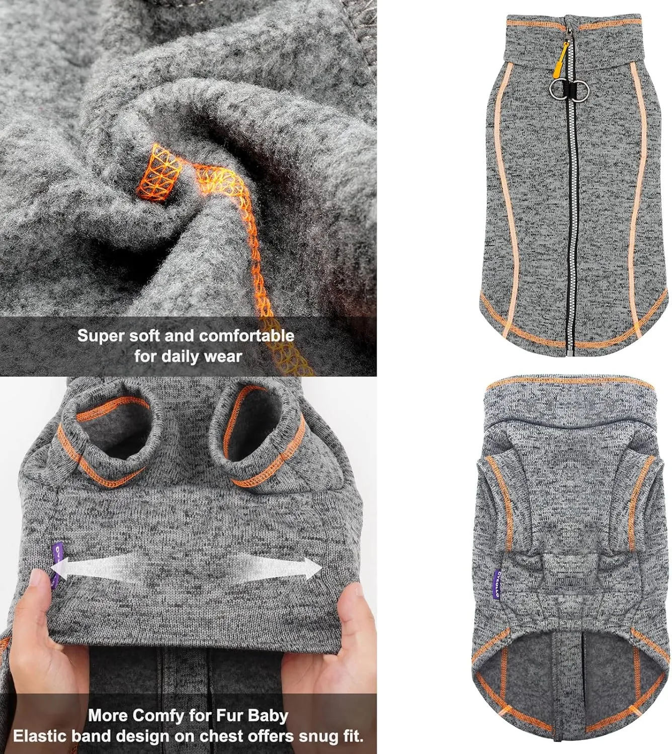 cyeollo Dog Sweater Coat Fleece Jacket Dog Clothes Reflective Zip Up Jackets with Dual D Ring Warm Winter Coat for Small Dogs, Grey Medium