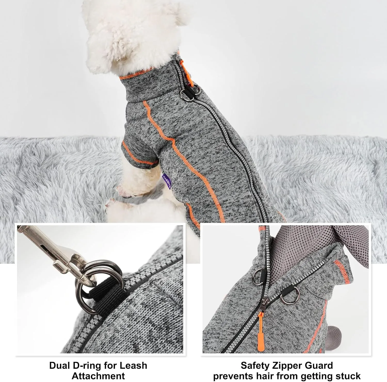 cyeollo Dog Sweater Coat Fleece Jacket Dog Clothes Reflective Zip Up Jackets with Dual D Ring Warm Winter Coat for Small Dogs, Grey Medium
