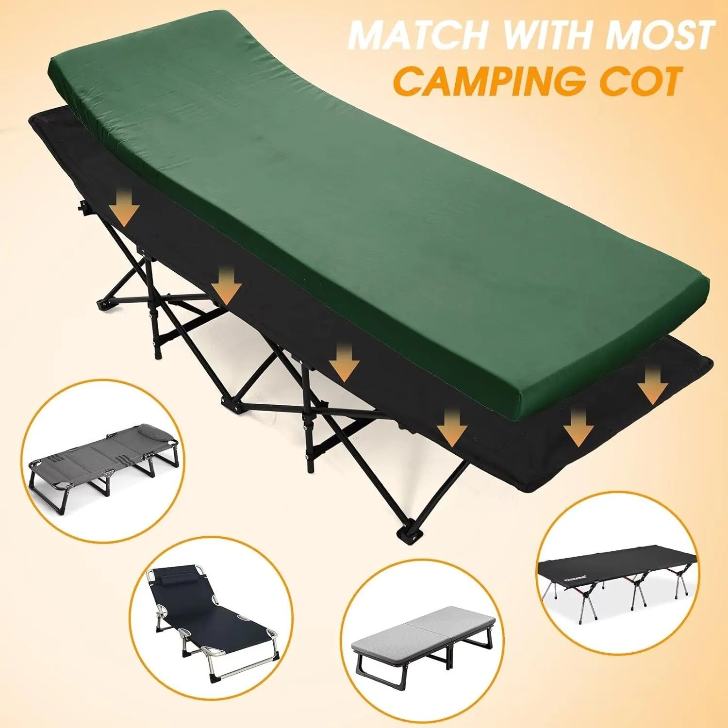 CYMULA Camping Cot Mattress 2in Memory Foam Sleeping Pad,Soft Warm Non-Slip Camping Mattress Topper with Retaining for Adults,Portable Roll up Mattress Pad for Travel (75 x30)（only Mattress）
