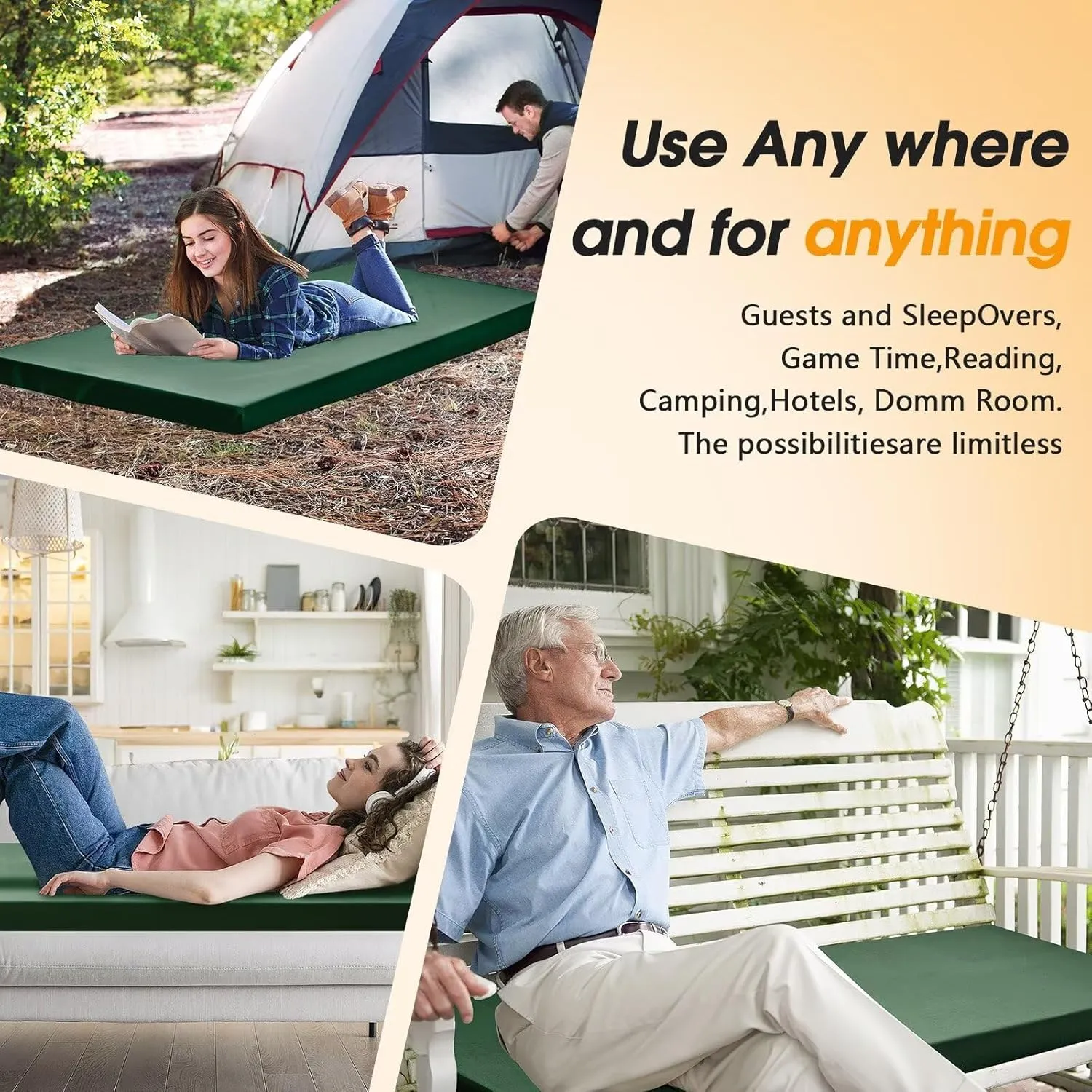 CYMULA Camping Cot Mattress 2in Memory Foam Sleeping Pad,Soft Warm Non-Slip Camping Mattress Topper with Retaining for Adults,Portable Roll up Mattress Pad for Travel (75 x30)（only Mattress）