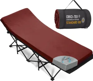 CYMULA Camping Cot Mattress 2in Memory Foam Sleeping Pad,Soft Warm Non-Slip Camping Mattress Topper with Retaining for Adults,Portable Roll up Pad for Travel(Wine red75 x30)