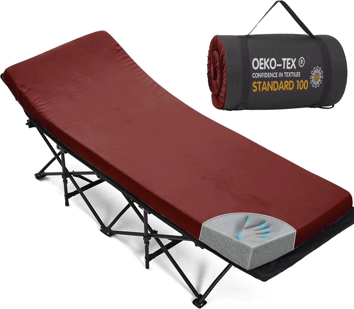 CYMULA Camping Cot Mattress 2in Memory Foam Sleeping Pad,Soft Warm Non-Slip Camping Mattress Topper with Retaining for Adults,Portable Roll up Pad for Travel(Wine red75 x30)