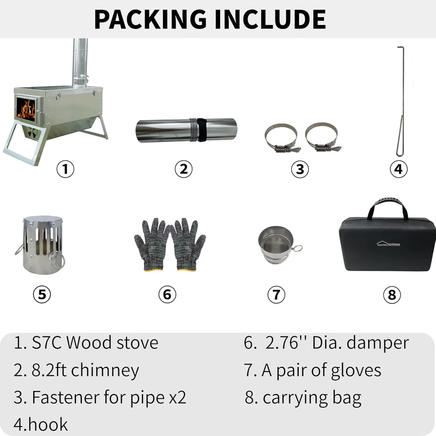 DANCHEL OUTDOOR S7C Hot Tent Stove, Portable Camping Wood Stove for Tent 304 Stainless Steel Telescopic Body with 8.2ft Chimney Pipes Cooking, Ice Fishing, Hunting