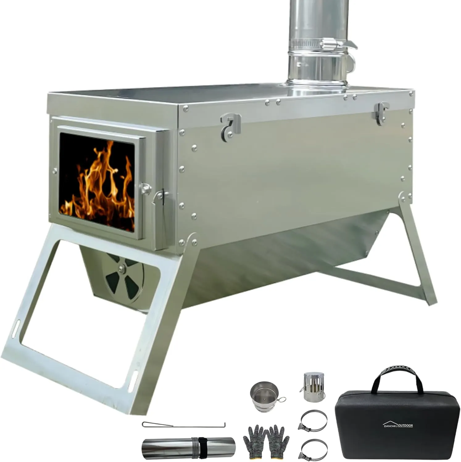 DANCHEL OUTDOOR S7C Hot Tent Stove, Portable Camping Wood Stove for Tent 304 Stainless Steel Telescopic Body with 8.2ft Chimney Pipes Cooking, Ice Fishing, Hunting