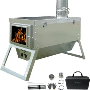 DANCHEL OUTDOOR S7C Hot Tent Stove, Portable Camping Wood Stove for Tent 304 Stainless Steel Telescopic Body with 8.2ft Chimney Pipes Cooking, Ice Fishing, Hunting
