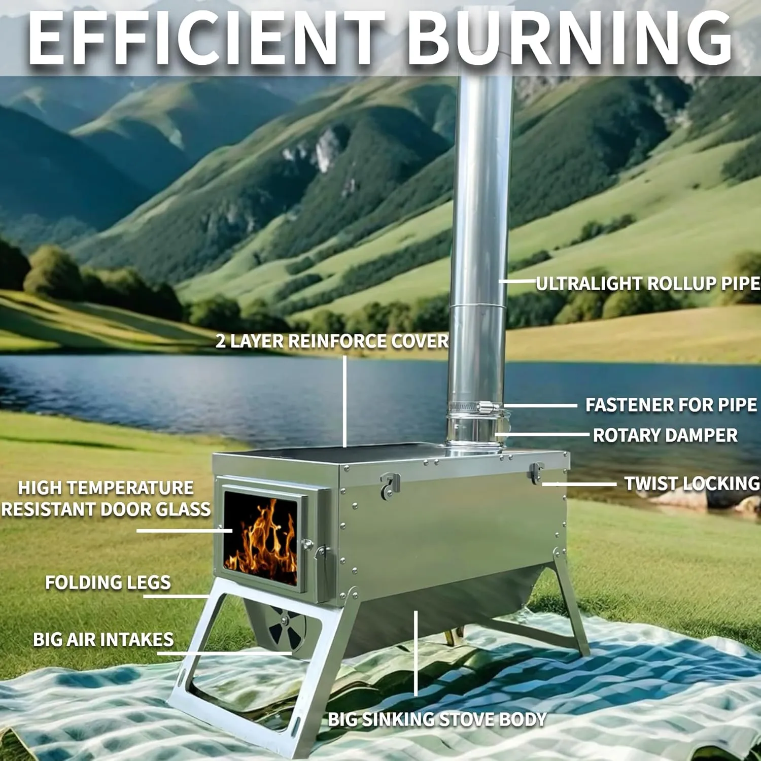 DANCHEL OUTDOOR S7C Hot Tent Stove, Portable Camping Wood Stove for Tent 304 Stainless Steel Telescopic Body with 8.2ft Chimney Pipes Cooking, Ice Fishing, Hunting
