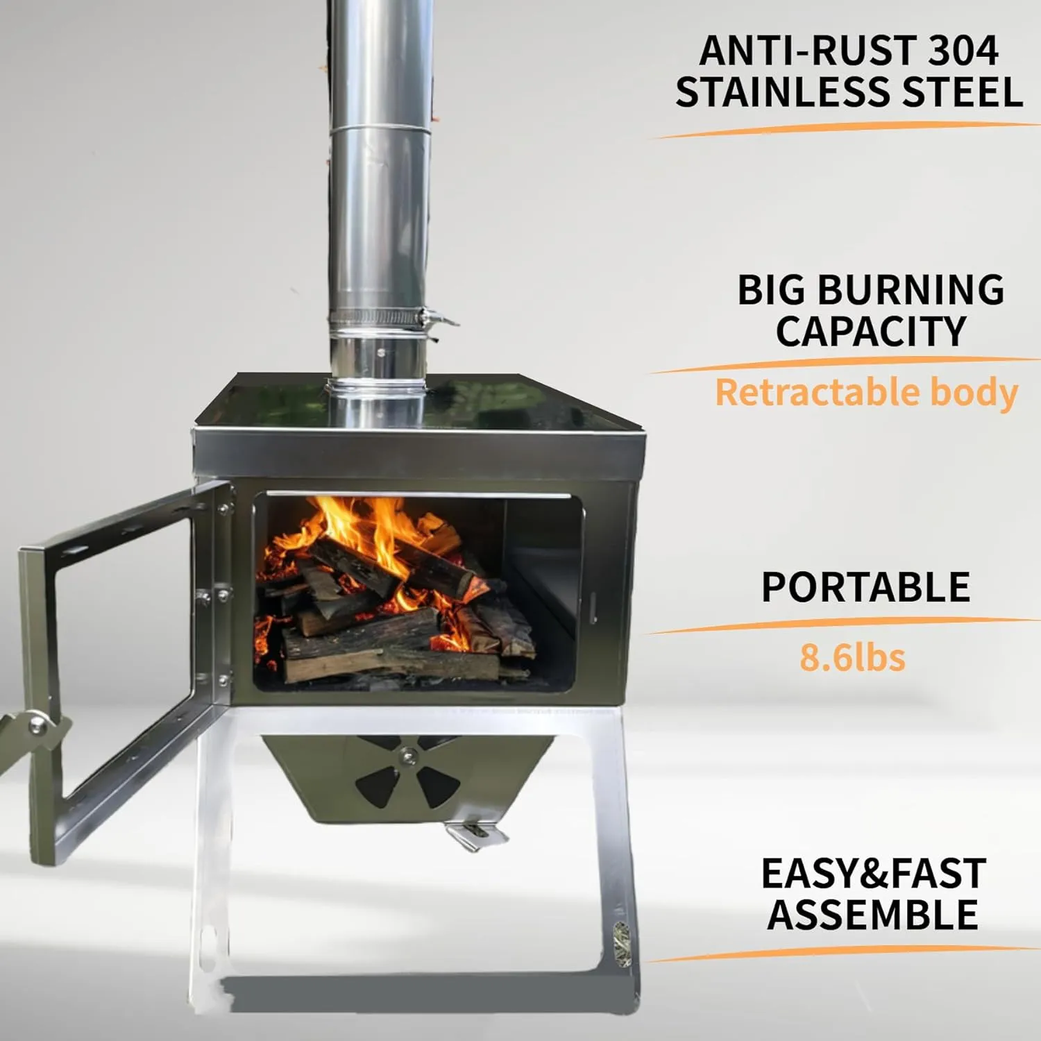 DANCHEL OUTDOOR S7C Hot Tent Stove, Portable Camping Wood Stove for Tent 304 Stainless Steel Telescopic Body with 8.2ft Chimney Pipes Cooking, Ice Fishing, Hunting