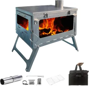 DANCHEL OUTDOOR TSG Portable TA1 Titanium Hot Tent Stove - Lightweight Folding Wood Burning Stove with Roll-Up Chimney Pipe Backpacking Camping Cooking(Small/Large Size Options)