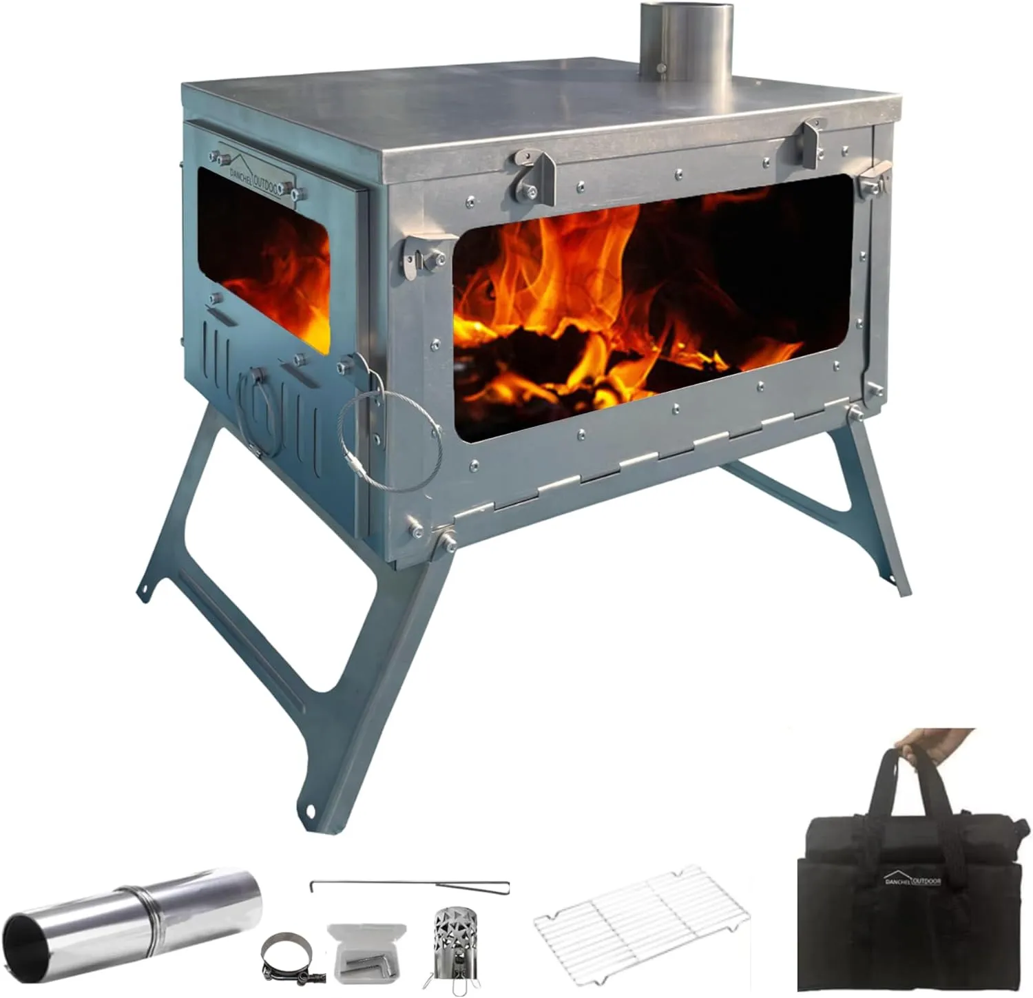 DANCHEL OUTDOOR TSG Portable TA1 Titanium Hot Tent Stove - Lightweight Folding Wood Burning Stove with Roll-Up Chimney Pipe Backpacking Camping Cooking(Small/Large Size Options)