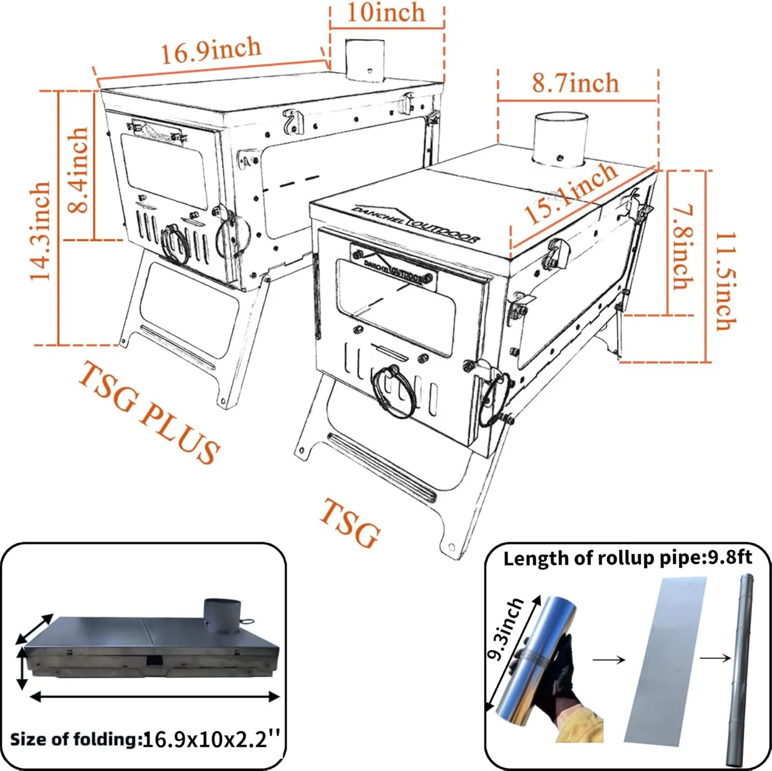 DANCHEL OUTDOOR TSG Portable TA1 Titanium Hot Tent Stove - Lightweight Folding Wood Burning Stove with Roll-Up Chimney Pipe Backpacking Camping Cooking(Small/Large Size Options)
