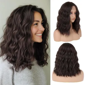 Dark Brown Wavy Wig for Women - 16 inch Medium Length, Heat Resistant Synthetic Hair, Middle Part, Natural Look for Daily Use, Party & Halloween
