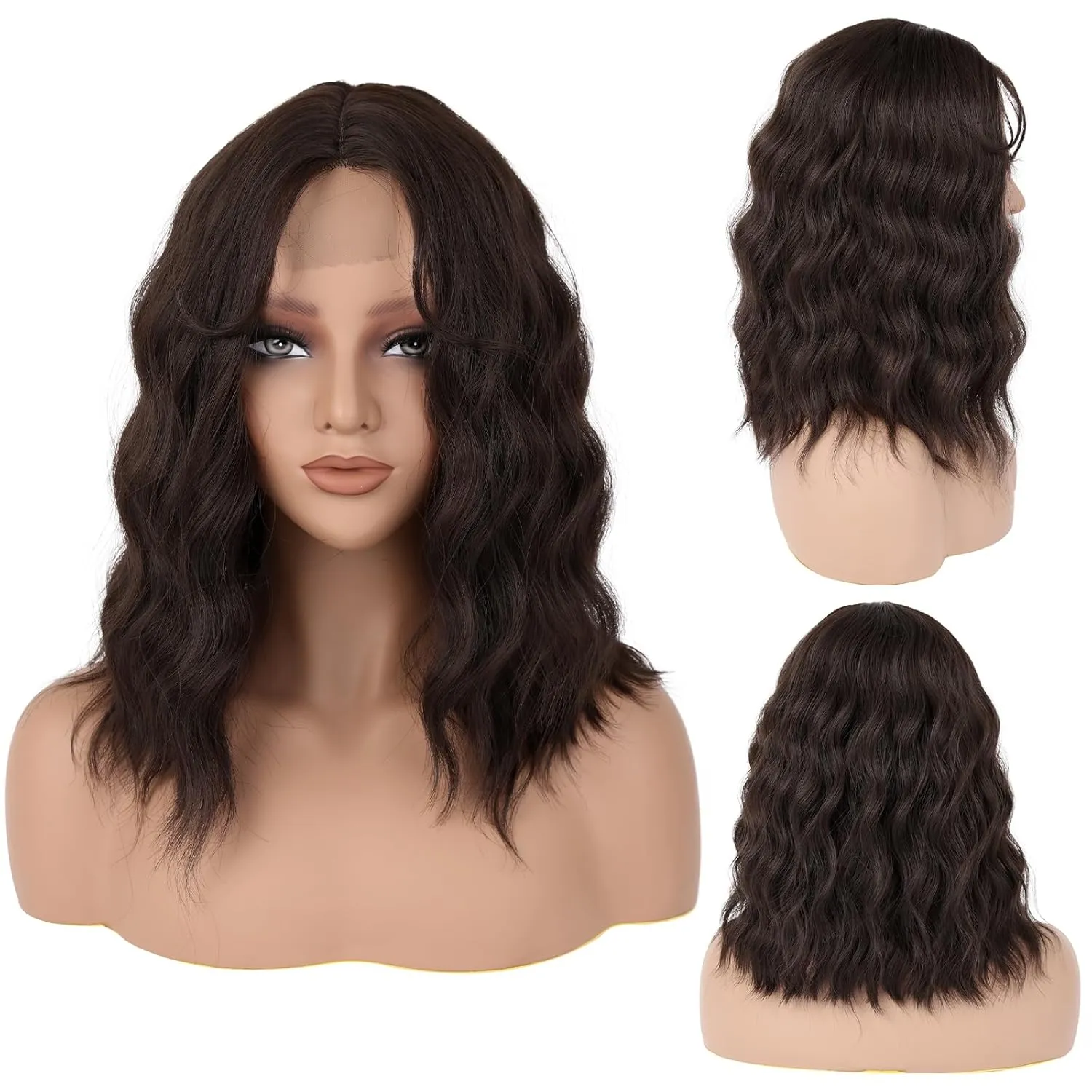 Dark Brown Wavy Wig for Women - 16 inch Medium Length, Heat Resistant Synthetic Hair, Middle Part, Natural Look for Daily Use, Party & Halloween