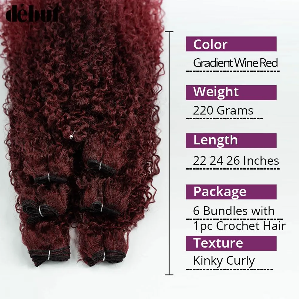 DÉBUT Synthetic Hair 7pcs Kinky Curly 22 24 26 Inches Gradient Burgundy 6 Bundles Tight Curly Hair with 1pc Crochet Hair for Women Ombre Red Color