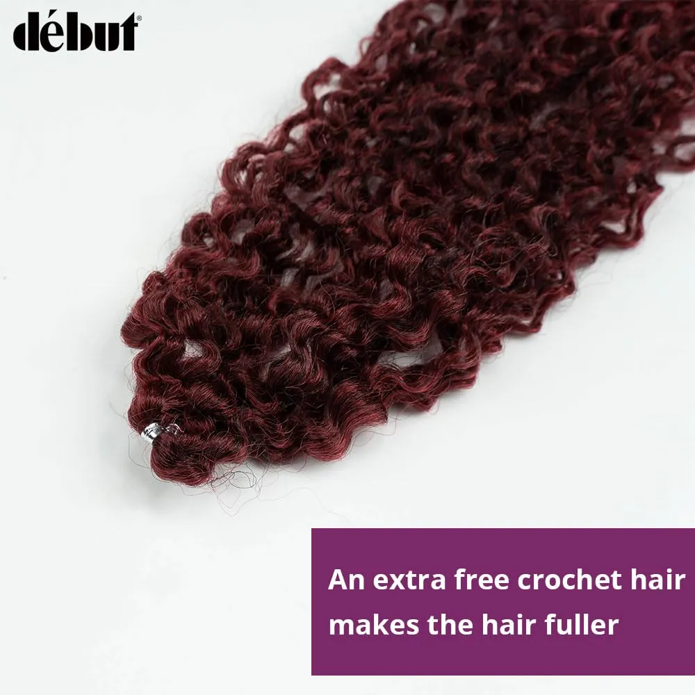 DÉBUT Synthetic Hair 7pcs Kinky Curly 22 24 26 Inches Gradient Burgundy 6 Bundles Tight Curly Hair with 1pc Crochet Hair for Women Ombre Red Color