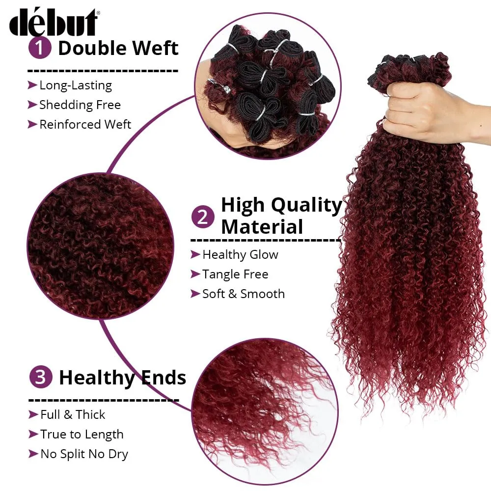 DÉBUT Synthetic Hair 7pcs Kinky Curly 22 24 26 Inches Gradient Burgundy 6 Bundles Tight Curly Hair with 1pc Crochet Hair for Women Ombre Red Color