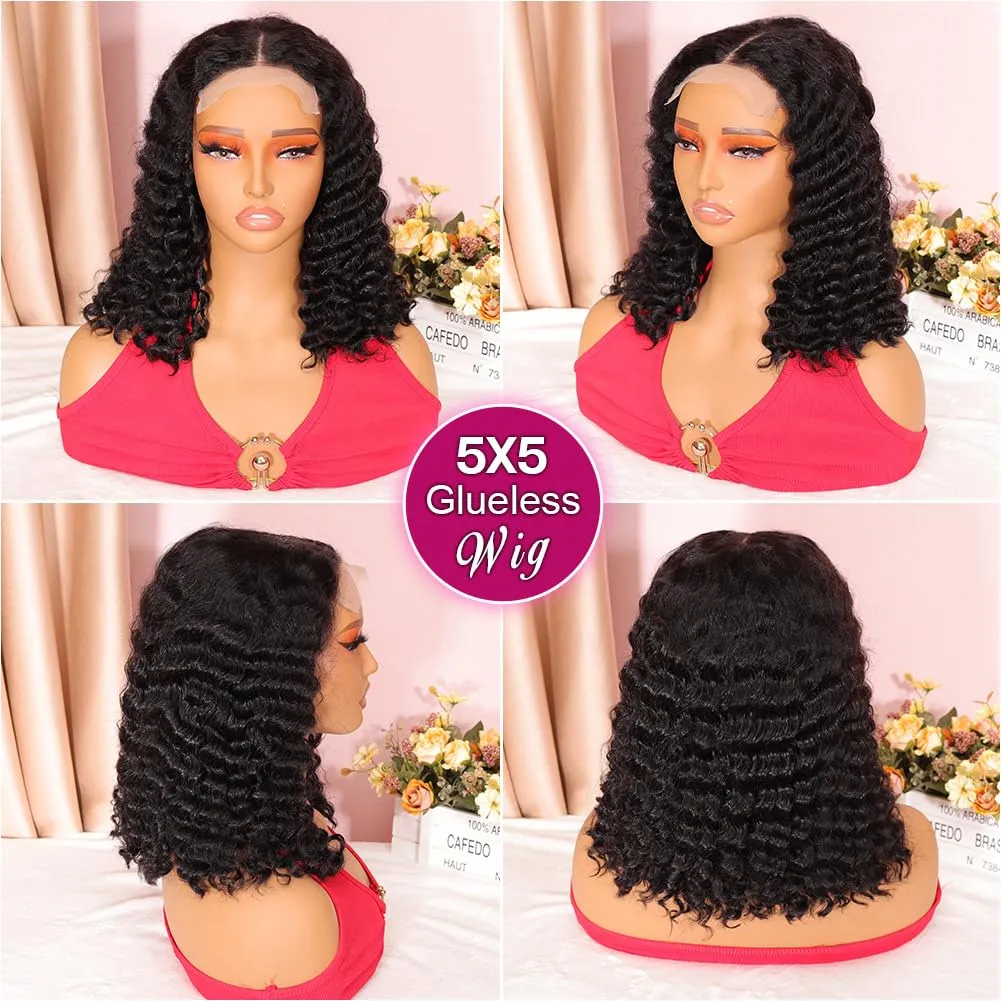 Deep Wave Bob Wig Human Hair 200% Density 5x5 Hd Lace Closure Wigs Human Hair Bob Wigs For Black Women Wear And Go Glueless Curly Bob Wig Deep Wave Wig 14 Inch