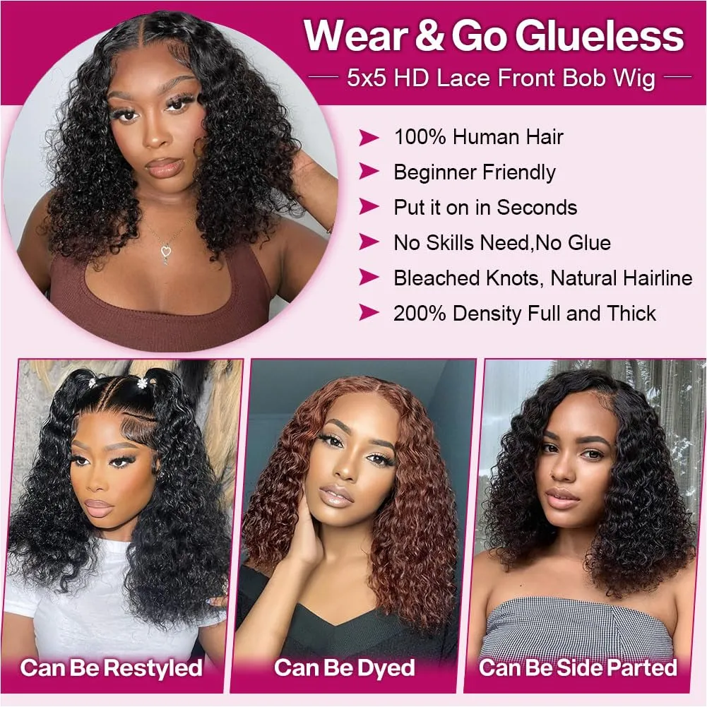 Deep Wave Bob Wig Human Hair 200% Density 5x5 Hd Lace Closure Wigs Human Hair Bob Wigs For Black Women Wear And Go Glueless Curly Bob Wig Deep Wave Wig 14 Inch