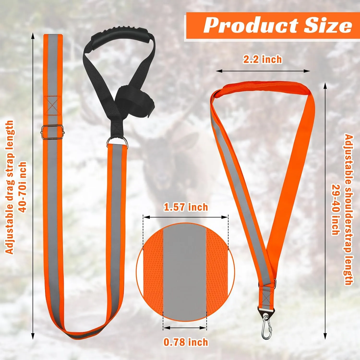 Deer Drag and Harness Heavy Duty Deer Drag Strap with Handle, Orange Reflective Hunting Drag Rope for Deer Hunters Gear Accessories