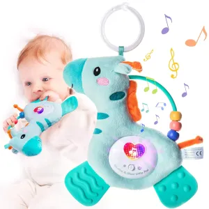 Deer Newborn Teething Toys 0-6 Months - Teether Plush Musical Sensory Cot & Pram Toys with Soft Light & Color Rattle