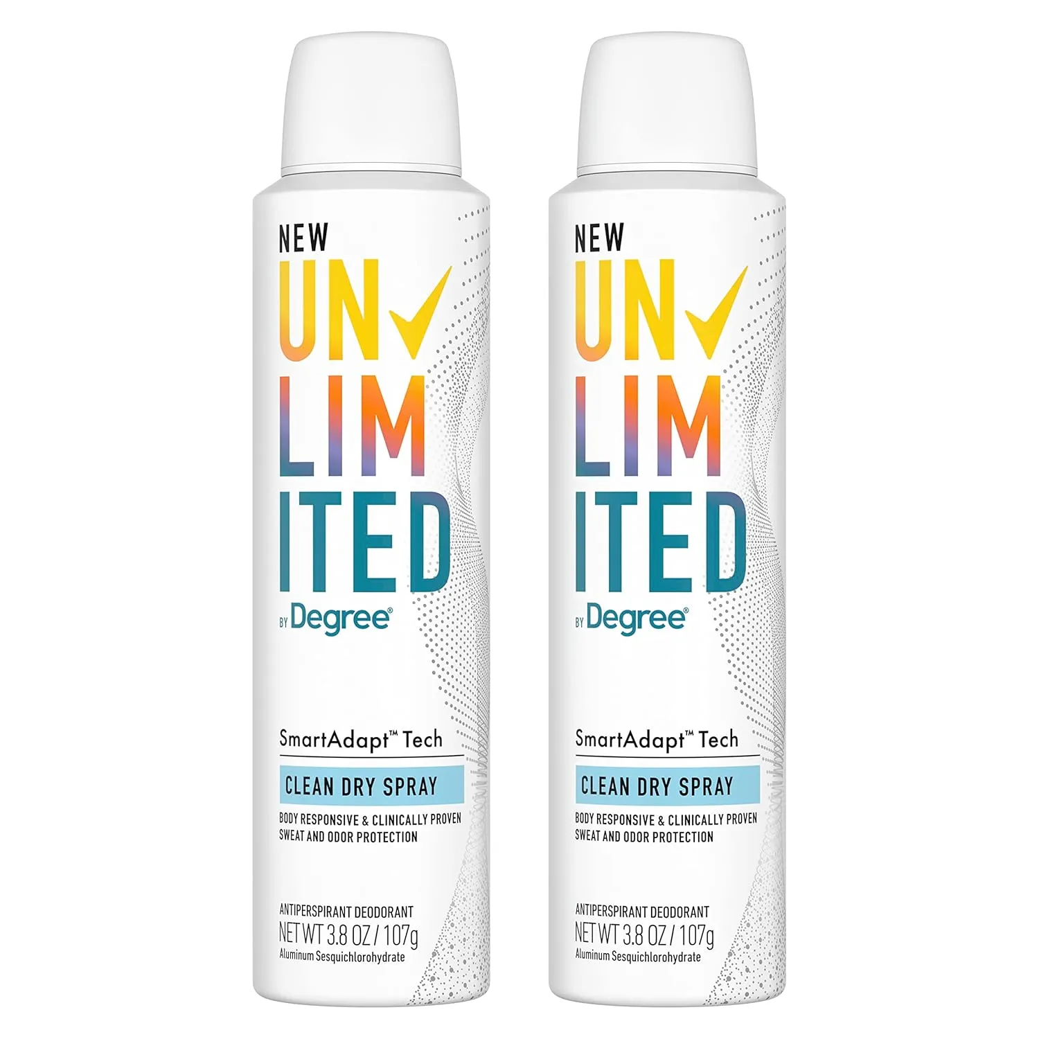 Degree Unlimited Antiperspirant Deodorant Dry Spray Clean 2 Count Long-Lasting Sweat & Odor Protection with Antiperspirant Technology SmartAdapt Tech 3.8 oz