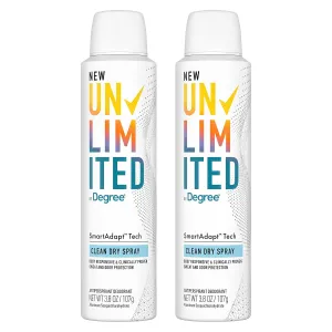 Degree Unlimited Antiperspirant Deodorant Dry Spray Clean 2 Count Long-Lasting Sweat & Odor Protection with Antiperspirant Technology SmartAdapt Tech 3.8 oz