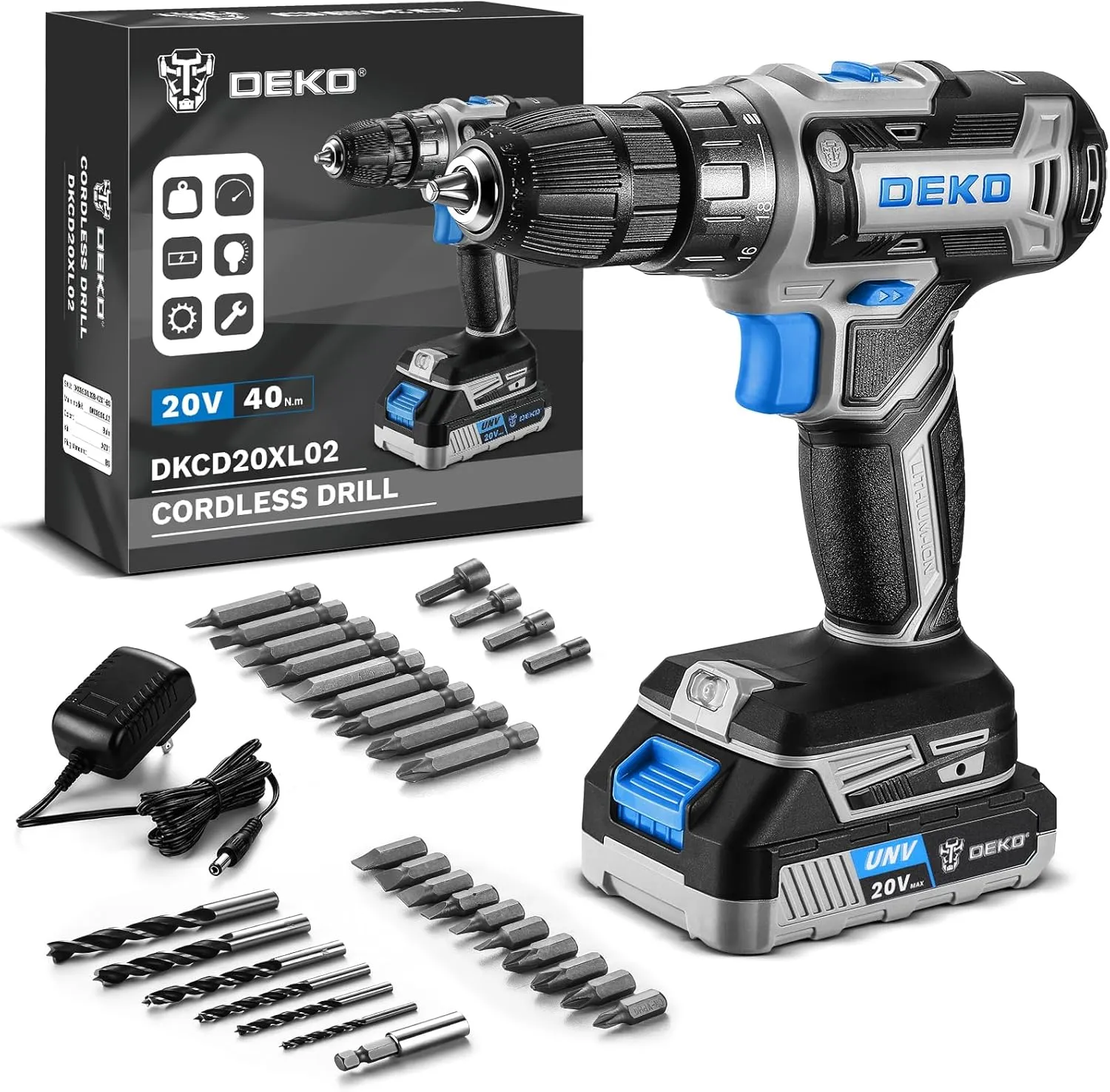 DEKO PRO Cordless Drill 20V Electric Power Tool Set for Women With Battery and Charger - Drill Driver Kit Blue