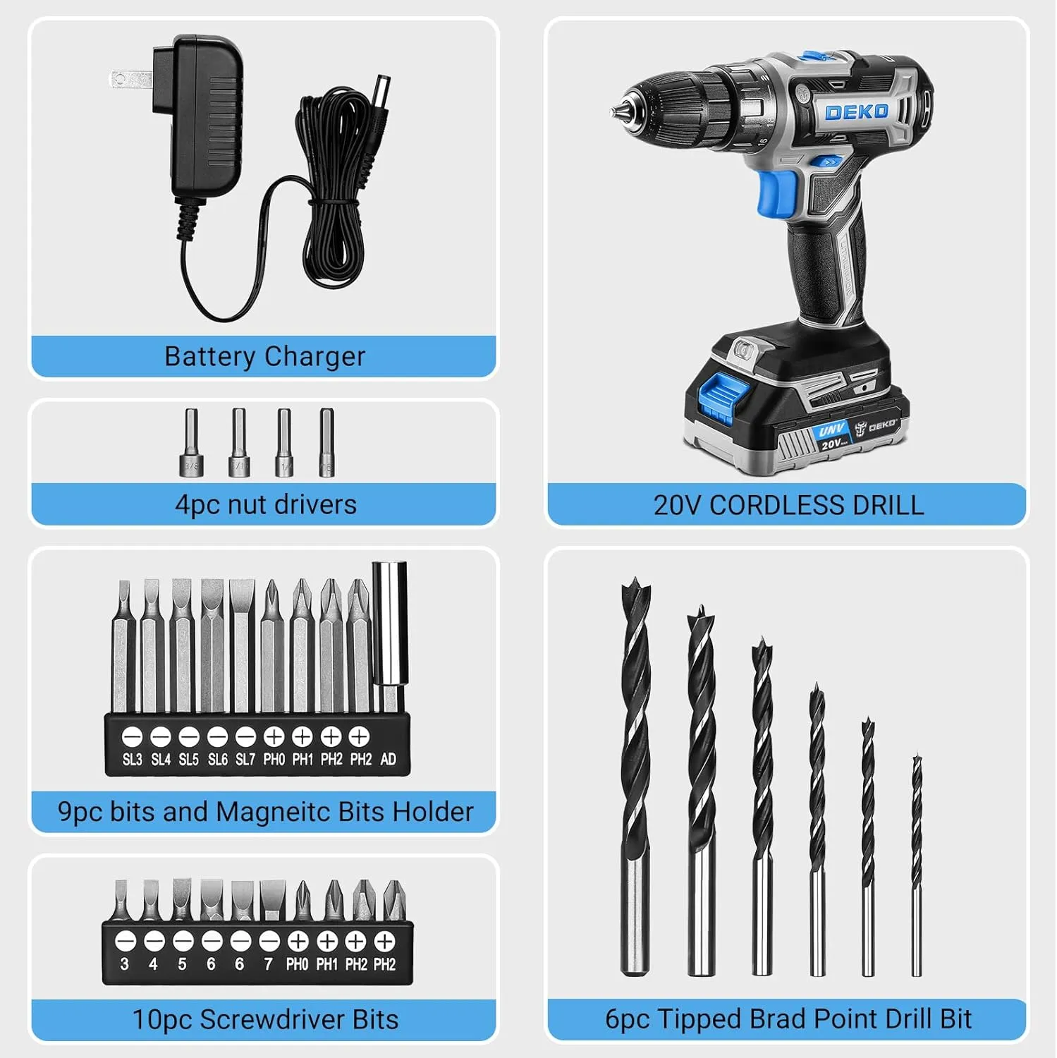 DEKO PRO Cordless Drill 20V Electric Power Tool Set for Women With Battery and Charger - Drill Driver Kit Blue