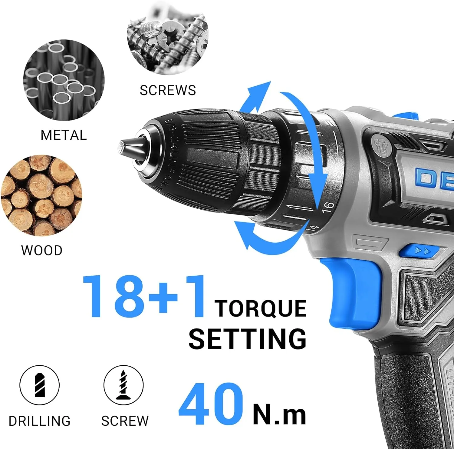 DEKO PRO Cordless Drill 20V Electric Power Tool Set for Women With Battery and Charger - Drill Driver Kit Blue