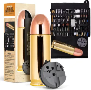 Deluxe Gun Cleaning/Gunsmithing Kit - Aluminum Bullet-Shaped Storage Case, Brass Rods, Wire Brushes, Mops, Adaptors, Slotted Patch Holders, Patches, Brush, Cleaning Pick, Empty Oil Bottle